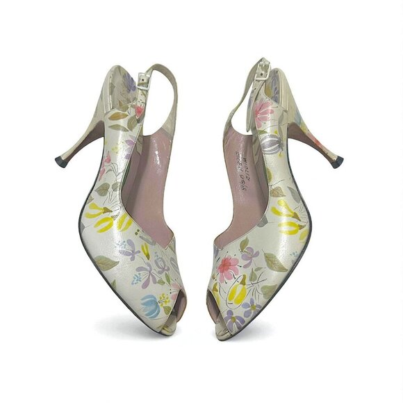 Vintage French Bootery 1950s Floral Leather Peep Toe Slingback Heels –Size 8.5B - Picture 2 of 15